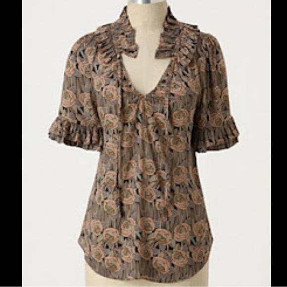 Odille Tops - Anthropologie Odille Floral Short Sleeve Ruffle Blouse Sz 4
